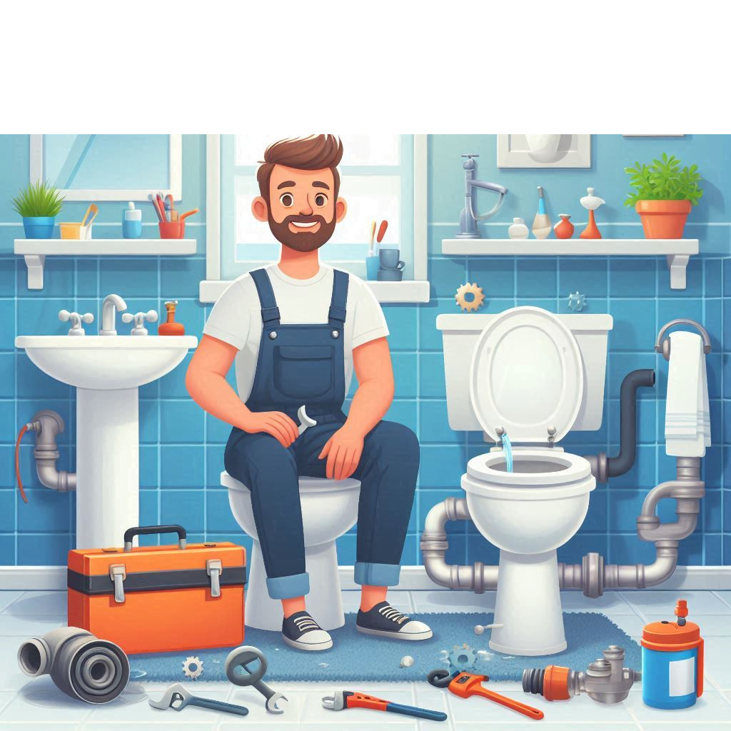 Visual Graphic illustrating a plumber with his tools inside a bathroom